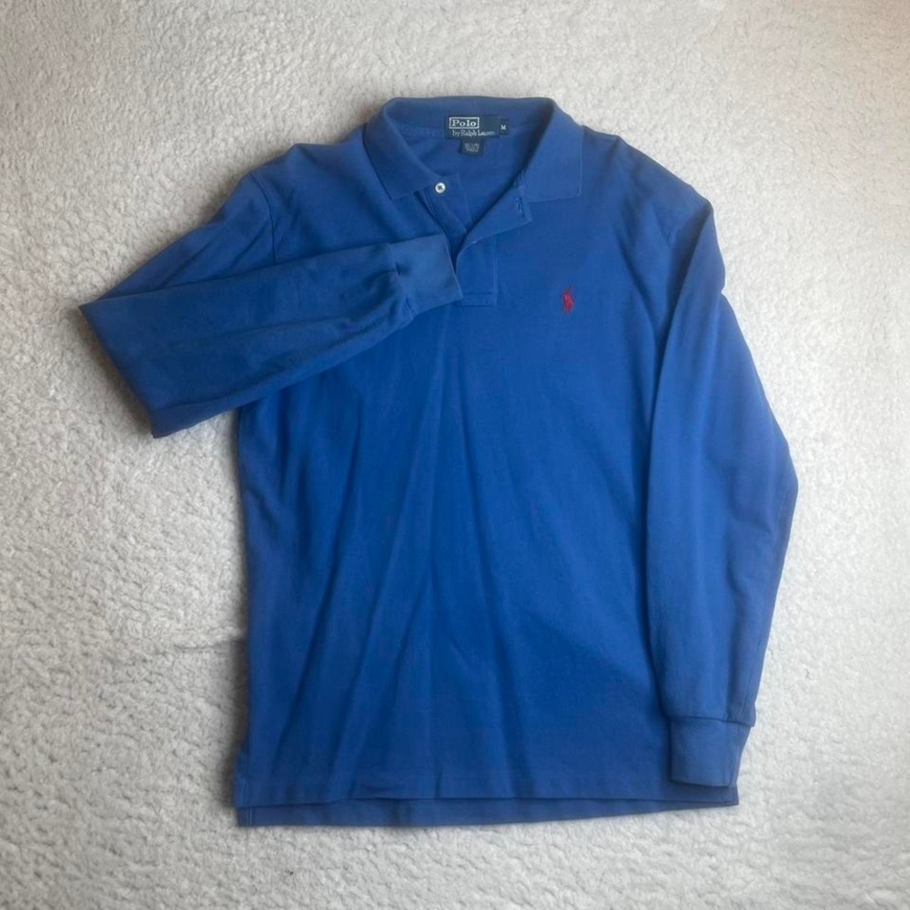 Vintage Polo Ralph Lauren men's blue long sleeve collared rugby shirt 90s M - Picture 2 of 6